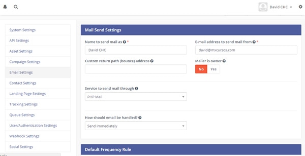 Tela configuração do e-mail do Mautic