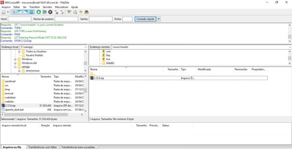 Tela do Filezilla para envio de arquivo do Mautic