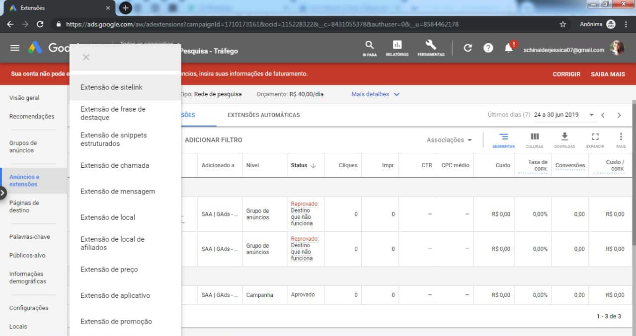 Tipos de extensões de anúncios