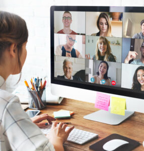 woman video conference call her home office during coronavirus pandemic