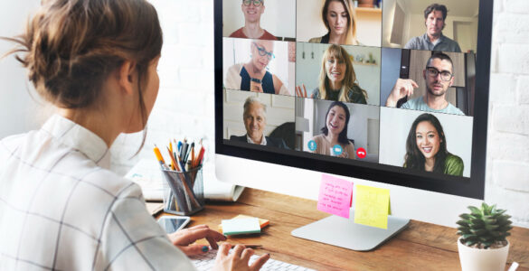 woman video conference call her home office during coronavirus pandemic